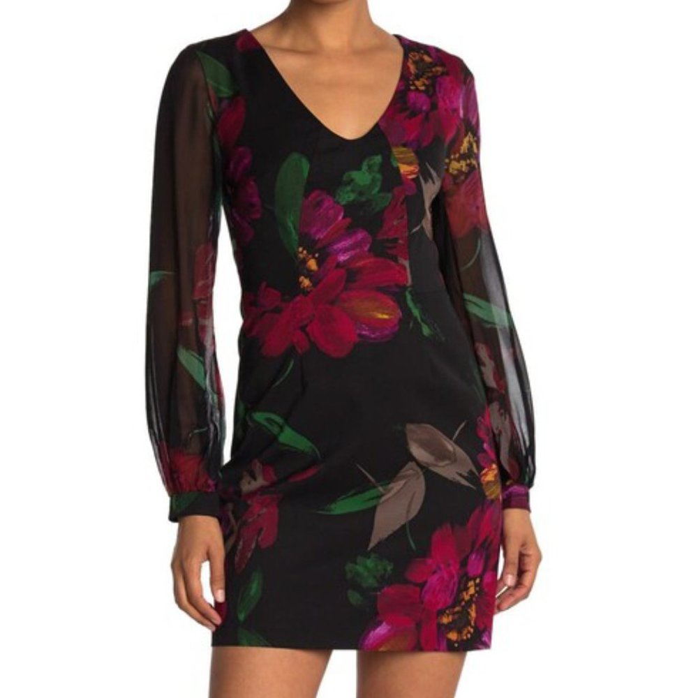 NEW Trina Turk Women Gibb Silk Chiffon Sleeve Floral Paint Print Mini Dress